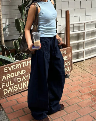 Unique yoke tuck balloon cotton pants