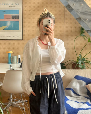 Lace neck striped button blouse