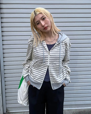 Striped semi-cropped double-zip waffle hoodie