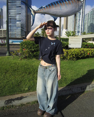 Strap Belt Washed Wide Denim Pants