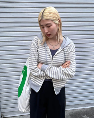 Striped semi-cropped double-zip waffle hoodie