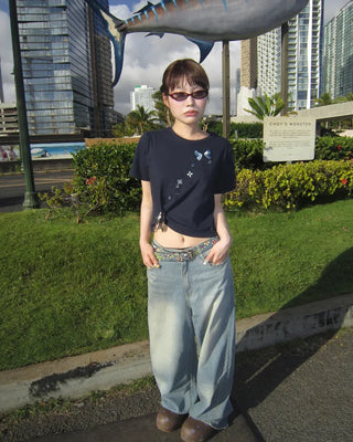 Strap Belt Washed Wide Denim Pants