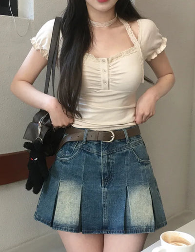 [Belt Set] Pleated Denim Skirt