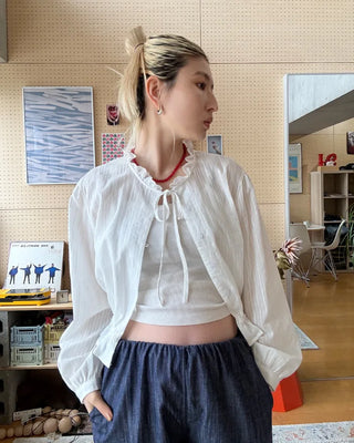 Lace neck striped button blouse
