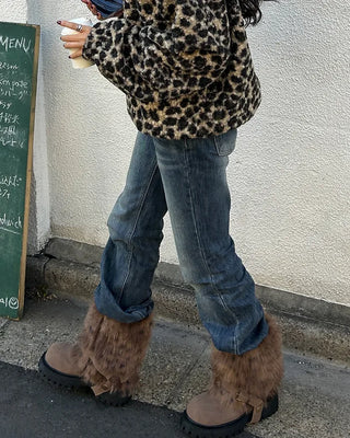 Harness-attached pattern fur suede short boots