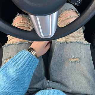 Distressed wide-leg denim pants