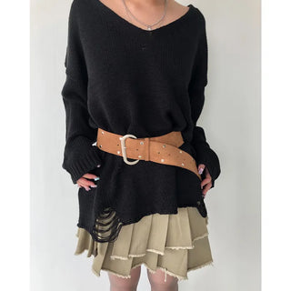 Distressed long knit sweater