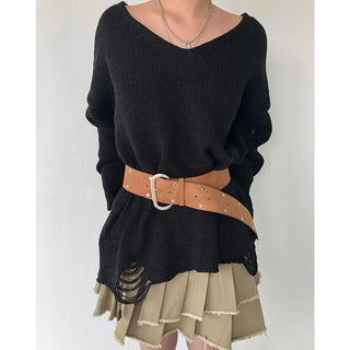 Distressed long knit sweater