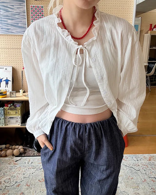 Lace neck striped button blouse