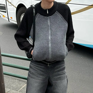 Two-tone raglan knit zip-up