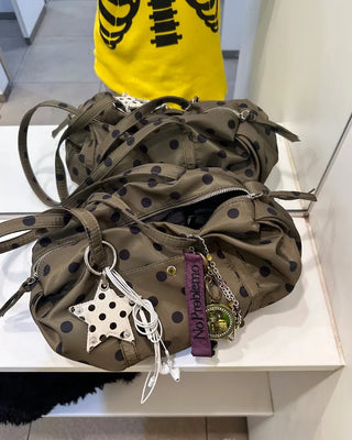 Outer pocket side gathered polka dot Boston bag