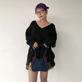 Ribbon bicolor mesh tote bag