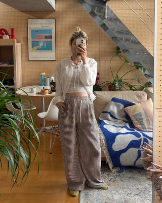 Lace neck striped button blouse