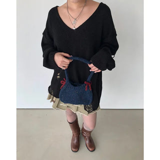 Ribbon bicolor mesh tote bag