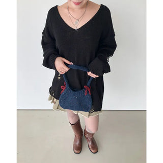 Ribbon bicolor mesh tote bag