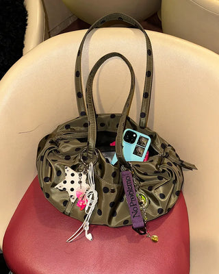 Outer pocket side gathered polka dot Boston bag