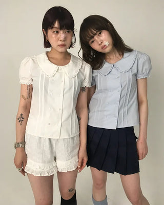 [6th Re-release] (ORIGINAL) Heart Button Lace Puff Blouse