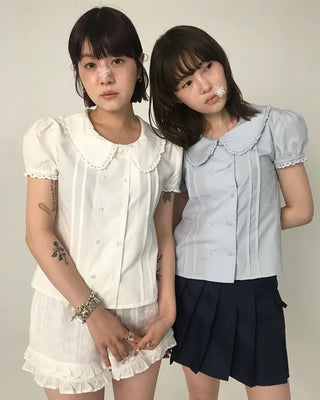 [6th Re-release] (ORIGINAL) Heart Button Lace Puff Blouse