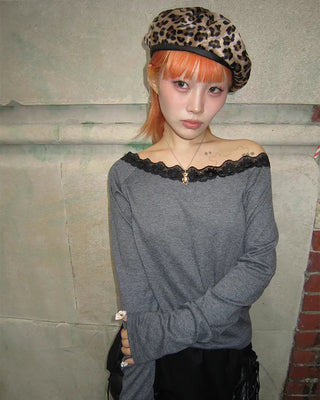 Scalloped Lace Off-Shoulder Neck Long T-Shirt