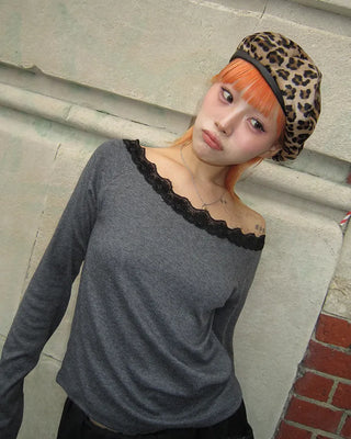 Scalloped Lace Off-Shoulder Neck Long T-Shirt