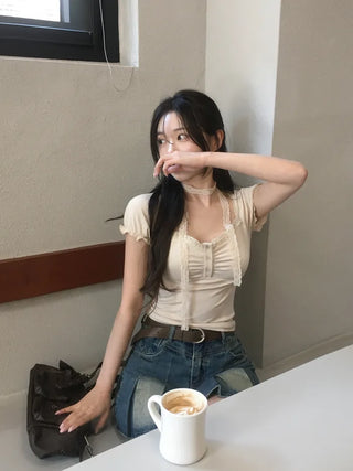 [Tie Set] Lace Short-Sleeve T-Shirt