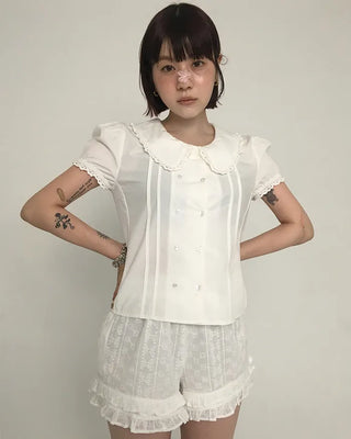 [6th Re-release] (ORIGINAL) Heart Button Lace Puff Blouse