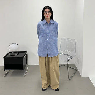 Cotton wide-leg long pants with elastic waistband