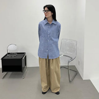 Cotton wide-leg long pants with elastic waistband