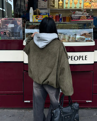 Gathered hem semi-cropped suede blouson jacket