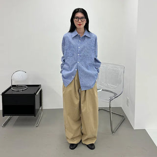 Cotton wide-leg long pants with elastic waistband