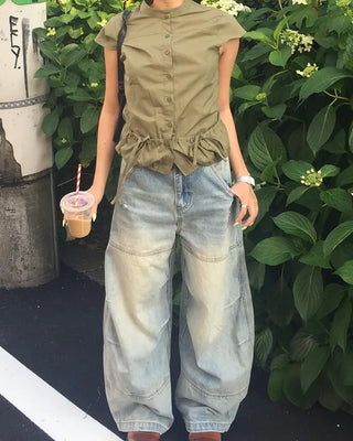 Cap-sleeve drawstring pocket button blouse