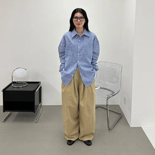 Cotton wide-leg long pants with elastic waistband