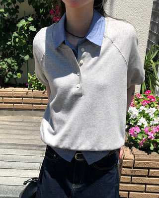 Henley neck short-sleeved sweatshirt