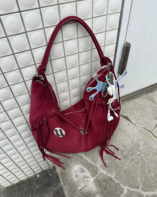 Frilled fringe suede hobo bag