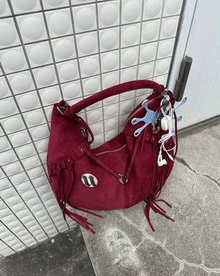 Frilled fringe suede hobo bag