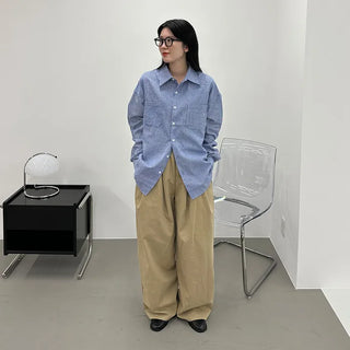 Cotton wide-leg long pants with elastic waistband