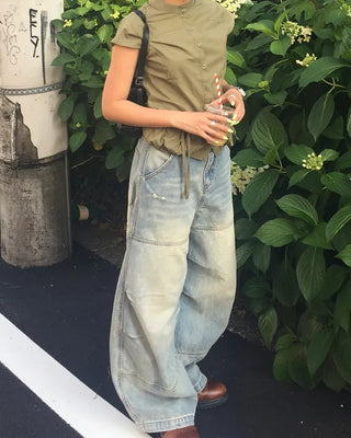 Cap-sleeve drawstring pocket button blouse