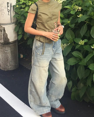 Cap-sleeve drawstring pocket button blouse