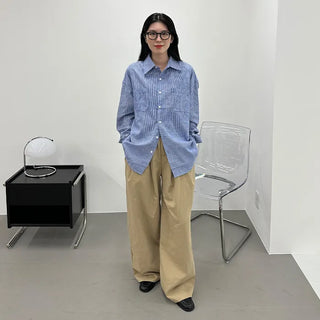 Cotton wide-leg long pants with elastic waistband