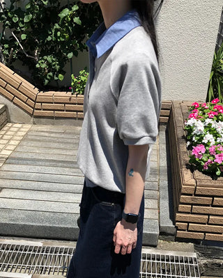 Henley neck short-sleeved sweatshirt
