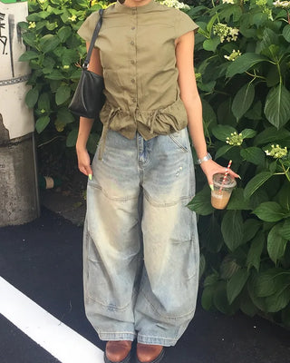 Cap-sleeve drawstring pocket button blouse