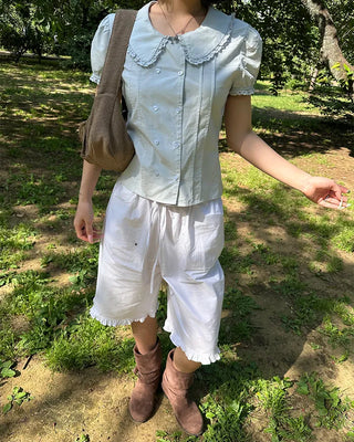 Frill hem easy wide half pants