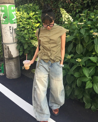Cap-sleeve drawstring pocket button blouse
