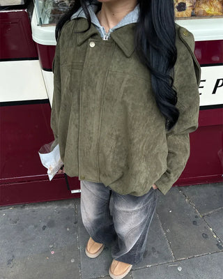 Gathered hem semi-cropped suede blouson jacket