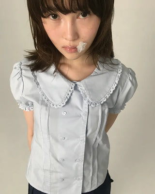 [6th Re-release] (ORIGINAL) Heart Button Lace Puff Blouse
