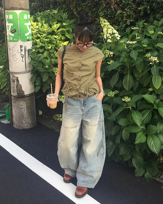 Cap-sleeve drawstring pocket button blouse