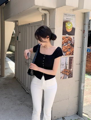 Back pocket button bootcut pants