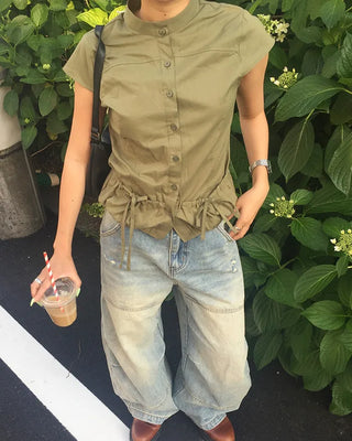 Cap-sleeve drawstring pocket button blouse