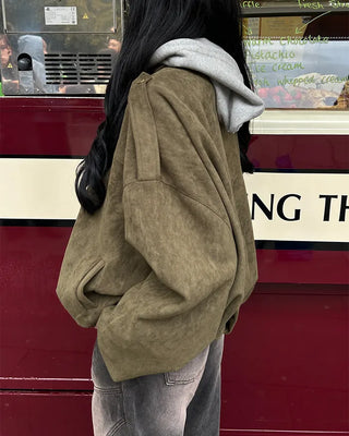 Gathered hem semi-cropped suede blouson jacket