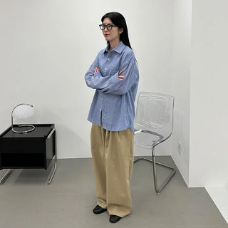 Cotton wide-leg long pants with elastic waistband